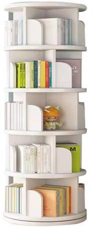 360 Grad drehbares Bücherregal, Turm, 5 Etagen, rundes Aufbewahrungsregal für kleine Räume, ideal für Schlafzimmer oder Wohnzimmer, Weiß