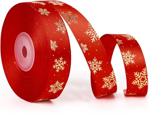 Nastro Natalizio 2cm×25Yards Merry Christmas, Nastri Decorativi Natale per Pacchi Regalo Pacchetti Confezione Albero di Natale Decorazioni (Rosso-Fiocchidi neve)