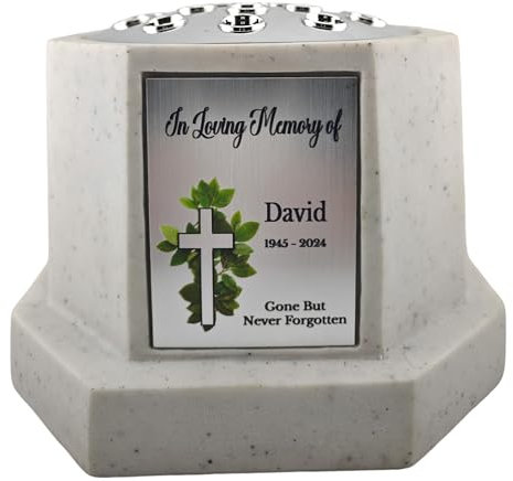 1stclassgifts Personalised Printed White or Black Memorial Rose Bowl Grave Marker Flower Pot Vase Cross Design With Printed Plate (UV PRINTED) (White, Silver Lid/Silver Plate)