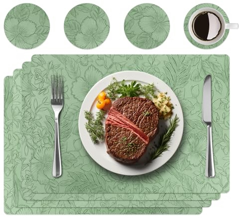 4er Set Tischsets aus Kunstleder,Platzsets abwaschbar mit Dekor | Inklusive 4 Untersetzern,edle Blumendekor-Prägung,rutschfest & hitzebeständig,idealer Tischschutz für Küche & Esstisch