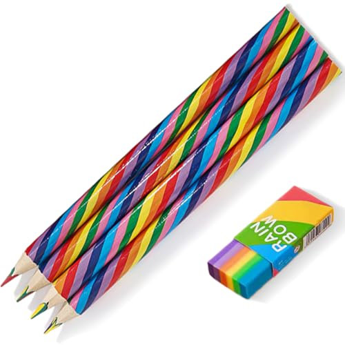 4 Stück Regenbogenstift, Regenbogen Buntstifte, Schicken Sie ein Stück Radiergummi, Buntstifte Kinder,Dreikant Farbstifte Set für Kinder Zeichnung Pencil, Schule Büro Haushaltswaren