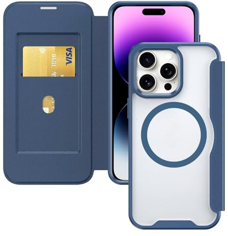 HAONANDE Magnetiskt telefonfodral För iPhone 15 PRO,flip folio läder Mobilskal kompatibel med MagSafe, korthållare, RFID-blockering, stöttåligt klar Case Blå