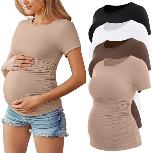 Huukeay 4 Pack Women's Maternity Shirts, Crew Neck Maternity Top Short Sleeve Casual Cotton Tee Side Ruched Pregnancy Clothes(Black, Khaki, Coffee, White,Medium)