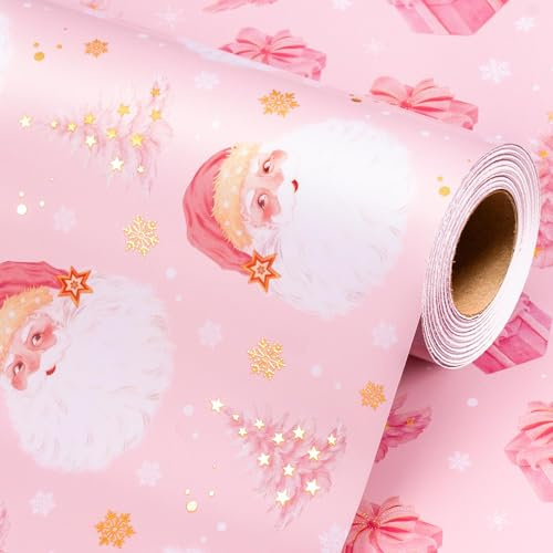 Wikadlik Weihnachts Geschenkpapier Minirolle mit Schneeflocken und Weihnachtsbaummuster in Pink Goldfolie für Weihnachten Feiertage DIY und festliche Anlässe – 43cm x 10m