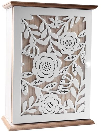 Holzschlüsselkasten mit 6 Haken, Vintage weißer Schlüsselhalter, Wandorganizer (26.5 x 20 x 6cm)