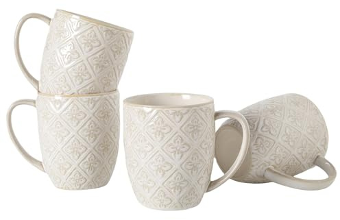 Feenmai Coffee Mug Set of 4, 16 oz Large Ceramic Mugs, Porcelain Embossed Cups for Cocoa, Tea, Milk, Mocha, Cappuccino - Housewarming Present, Wedding Decoration, Dishwasher Safe, 3.5 x 4.5 inch