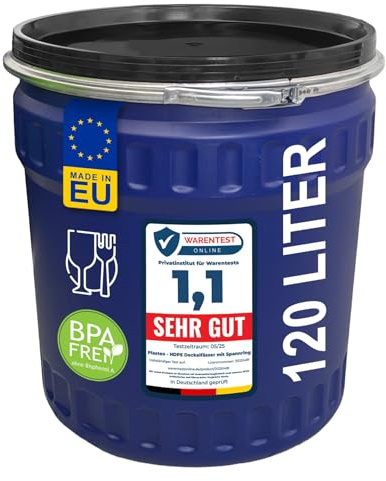 plasteo 120 Liter Kunststofffass Lagertonne mit Deckel und Spannring, Weithalsfass, Lebensmittelecht und BPA-Frei, Futtertonne