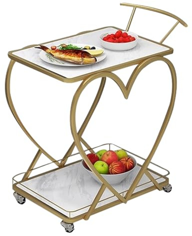 Servierwagen Bar mit Rollen, 2 Ebenen Mobiler Weinwagen auf Rädern, Moderner Küchenwagen in Herzform für Küche, Party, Abendessen, Kaffee (Gold)