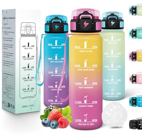 Motswedi Gourde Enfant, 500 ml, Anti-Fuite, Gourde Sport, avec Marqueur de Temps, Bouteille d'eau, Réutilisable, Sans BPA, Bouteille pour École, Sport, Yoga, Fitness, Randonnée, Jaune Rose