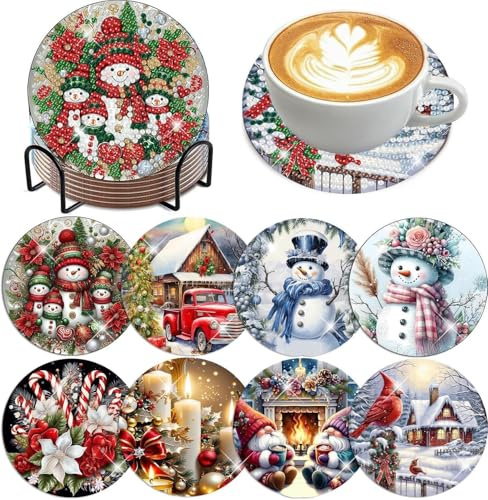 MUNORIAY Set di 8 sottobicchieri natalizi per pittura a diamante con supporto per adulti e principianti, kit con diamanti 5D a pois con cuscinetti in sughero, 10,2 x 10,2 cm