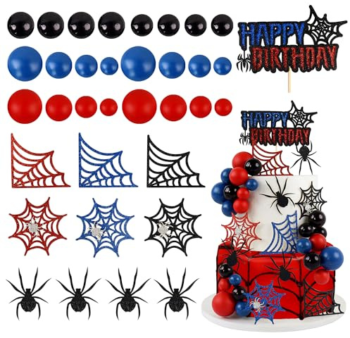 Blumomon 1 gruppo di ragni ragnatela palla decorazione torta spider web decorazione torta buona fortuna compleanno decorazione torta picks baby ragazzi ragazze bambini festa di compleanno