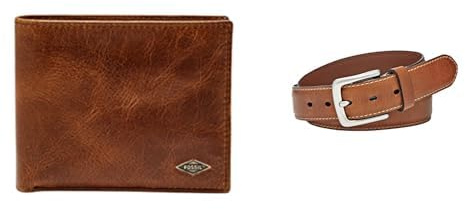 Fossil Herren Ryan Braunes Leder Portemonnaie und Aiden Gürtel, Set
