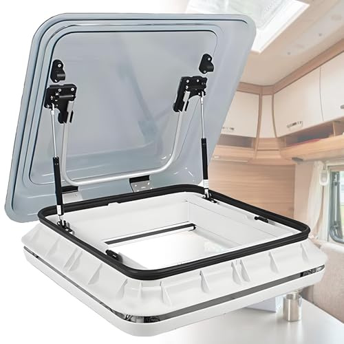 vnmudzeo RV Camper Roof Window Vent Kit 500x500 mm,w/LED Lighting + 70° Hydraulic Support Rod,Double Layer Wagon Roof Vent Skylight GrayWhite
