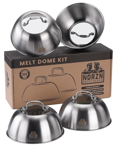 Norzn Brothers® Burger Dome Set (4 Pack) with Transparent Glass Window – 304 Stainless Steel Burger Cloche, Cheese Melting Dome for Smash Burger, BBQ Grill, Food-Grade Burger Cover, 10-Year Warranty