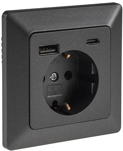 ChiliTec MILOS Unterputz-Steckdose USB-A USB-C, Grau Anthrazit | PD 3.0 Ladeport, 230V Schutzkontakt, 30mm Einbautiefe