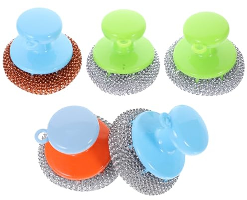 ELAYARD 5 Juegos Estropajos Metálicos con Mango para Limpieza de Sartenes Ollas y Parrillas Resistentes y Duraderos Mango Ergonómico Antideslizante para Uso Seguro Cocina Color Aleatorio