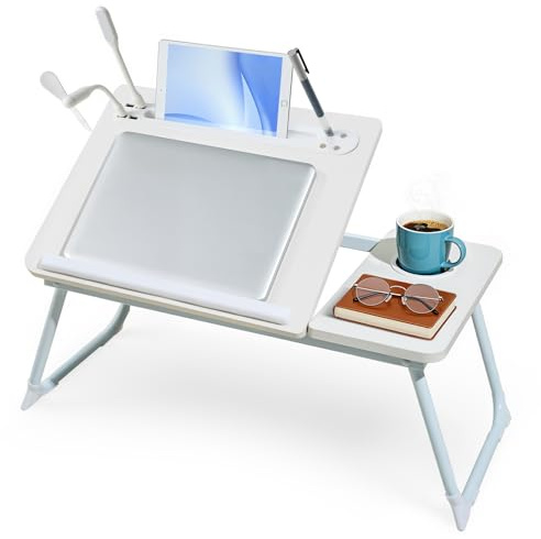 Laptop Table with USB Ports, Small Fan and Light, White | Adjustable Bed Table with Cup Holder&Tablet Slot&Pen Slots. Laptop Desk with Legs on Bed or Sofa for Working/Reading.