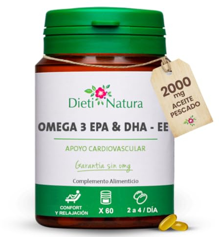 Dieti Natura Omega 3 2000mg - 700mg EPA y 500mg DHA - 60 Perlas de Aceite de Pescado - Fuente de Ácidos Grasos Esenciales que Ayudan a Regular el Colesterol - Beneficios cardiovasculares