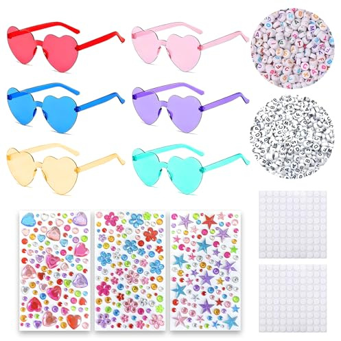 LURVOUS 6 Stück Herz Brille, DIY Herzbrillen Set mit Dekorativen Accessoires, Transparente Randlose Hippie Herzform Brille, Bunte Partybrillen in Herzform für Hochzeit Karneval Geburtstagsfeier