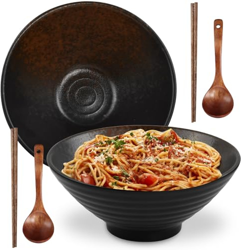 Ecofocet 2 Ensemble De Bols Ramen En Céramique Avec Baguettes Et Cuillère, 2×1000ml Bol à Soupe Ramen Japonais en Porcelaine, Grandes Saladier, Bol de Nouilles, Bol de Céréales