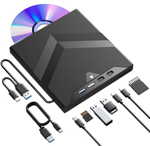 Taopjwr 7-in-1 External CD/DVD Drive, with USB-C and SD/TF Card Slots, USB 3.0&Type C CD/DVD Player for Laptop Portable CD/DVD Burner for PC Mac Book Supports Windows 11/10/8/7 Linux macOS