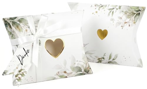 COMOOKA 50 Stück Geschenkbox Hochzeit Gastgeschenk mit Eukalyptus Motiv | Kleine Kissenschachteln mit Geschenkanhänger & Band, Gastgeschenke Verpackung für Hochzeit, Geburtstag, Babyparty