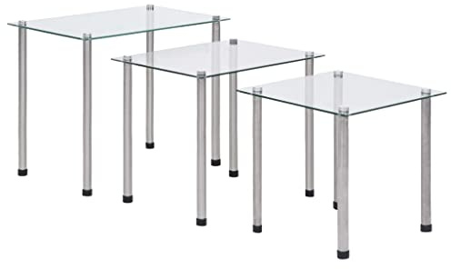 Bendmaxx Juego de 3 mesas de cristal templado transparente y patas de acero inoxidable, juego de mesa auxiliar para salón, dormitorio, pasillo, mesa de centro con cristal de seguridad estable