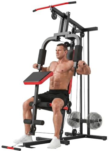 SPORTNOW Multiestación Musculación Polea Alta y Baja Discos 25 y 50 mm | Máquina de Musculación, Prensa de Pecho, Curl de Piernas y Bíceps, Mariposa, Carga 120 kg, para Gimnasio Casa