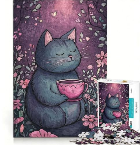 Puzzle de 1000 pièces pour Adultes Chat avec Tasse de thé dans Le Jardin, Jeu Pratique, décoration intérieure, Collection d'artistes, Beaux-Arts 38x26cm