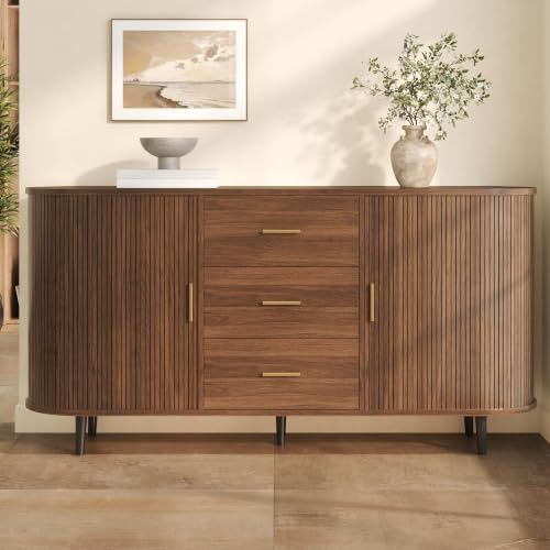 BNUZ Aparador con cajones y puertas correderas, diseño curvo, revestimiento de surco vertical, asas de metal, patas de hierro tubular, para comedor o pasillo, nogal
