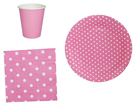 Lote de 6 Sets de Vajilla Rosa con Lunares Blancos (60 Vasos, 60 Platos, 60 Servilletas). Complementos. Regalos Baratos para Fiestas de Cumpleaños, Bodas, Bautizos, Comuniones.