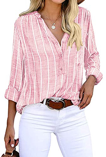 Cindeyar Bluse Damen Langarm Streifen Oberteile Casual Langarmshirt Tops Lose Baumwolle Tunika Hemd