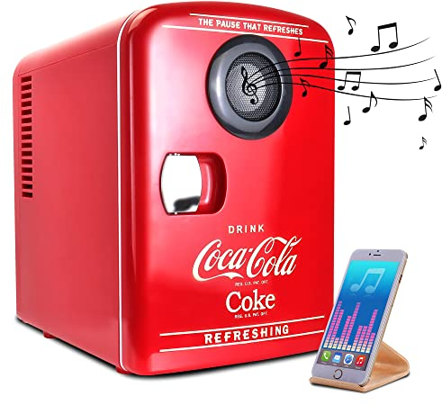 Coca-Cola Mini Fridges for Bedrooms 4L Quiet Small 6 Can Table Top Fridge Portable Retro Cooler Warmer with Built-In Bluetooth Wireless Speaker For Drinks Food Coke Kids Skincare Office Home Desk Red