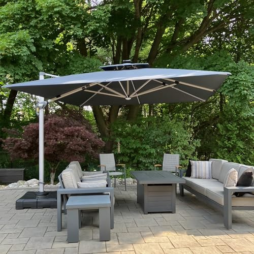 PURPLE LEAF Sombrilla Terraza Exterior 3,3 x 3,3 m con Led de Aluminio Parasol Terraza, Rotación de 360°, Sombrillas Jardin Grandes con Manivela y Protección UV 50+, Gris