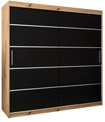 MEBLE KRYSPOL Schwebetürenschrank Verona 1 200 cm Kleiderschrank mit Kleiderstange und Einlegeboden Schlafzimmer- Wohnzimmerschrank Schiebetüren Modern Design (Schubladen: 0, Artisan Eiche + Schwarz)