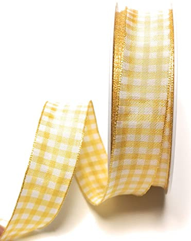 s.dekoda Schleifenband 20m x 25mm Gelb - Weiß Karoband kariert Vichykaro Dekoband mit Draht [3850]
