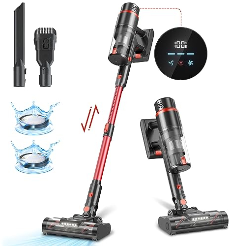 PRETTYCARE Aspirapolvere Senza fili, 33000Pa/420W Scopa Elettrica con Touchscreen, 4 in 1, per Peli di Animali Domestici, Tappeti e Pavimenti Duri V1