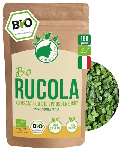NanaNatura's Bio Rucola Sprossen Samen 180g | Keimfähige Rauke Saaten zur Sprossenzucht | Microgreens für die Keimschale | geprüft & abgefüllt in Deutschland