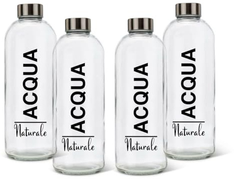 BrandPrint Set de 4 botellas de cristal modelo EOS 1 litro. Tapon de rosca encluido. Serigrafia (Naturale). Idioma serigrafia: Italiano
