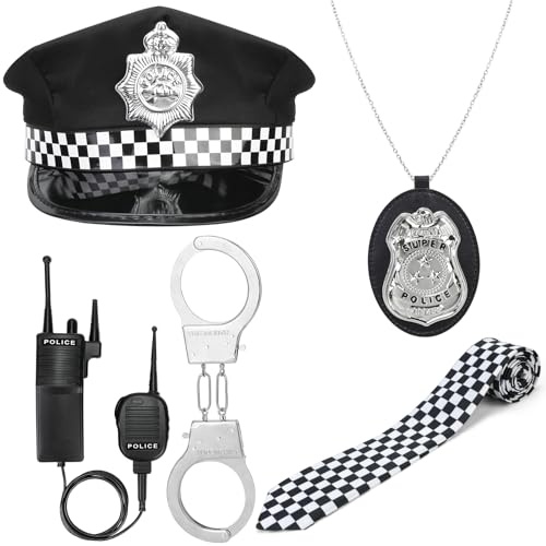 Hifot 5 piezas Disfraz de Policia Gorra de Policía Placa de policía y Esposas Corbata Walkie-talkies Accesorios Policia para Adultos Halloween Carnaval Juego de Roles Accesorios