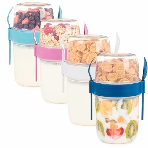 650ml Take-go Fruit Muesli Container with Spoon Picnic Work Yogurt Milk Cup Breakfast Glasses with Lid and Spoon, Cereal Topper Oatmeal Granola (Set of 4)