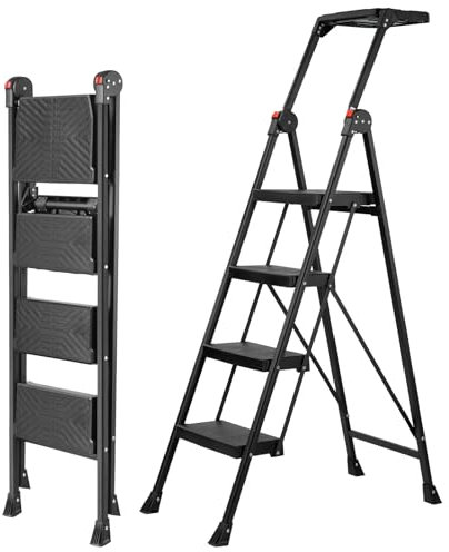 XinSunho Scala 4 Gradini Pieghevole, Scala Pieghevole Portata Massima 300kg, Ampi Pedali Antiscivolo, Scaletta con Piattaforma per Attrezzi, Salvaspazio, Scala in Acciaio per Casa e Ufficio, Nero