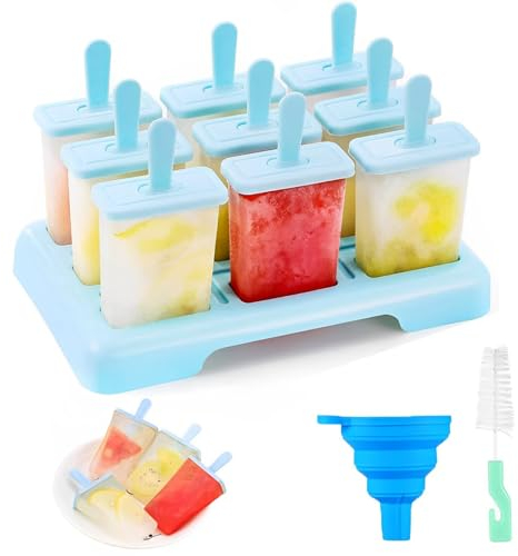 Eisformen Eis am Stiel, 9 Eisformen Wiederverwendbar, BPA Frei Eisformen Kinder, DIY Ideen Eis am Stiel, kommt mit einer Reinigungsbürste und Silikon Falttrichter(Blau)