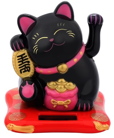 IBWell Small Lucky Cat Waving Arm Chinese Lucky Cat Statue for Home Office Car Decor Solar Energy Powered Chinese Feng Shui Cat Beckoning Cat - Black