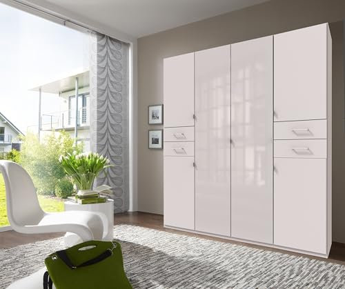 möbelando Drehtürenschrank >Danzig< in Weiss + Glas Weiss - 180x208x58cm (BxHxT)