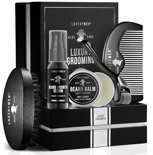 LOVERY Beard Growth Kit - Gifts for Men - Self Care Kit with Beard Serum, Beard Balm, Comb, Beard Brush & More – Mens Gifts for Him, Boyfriend, Husband, Dad - Enhanced Beard Kit - Birthday Gifts