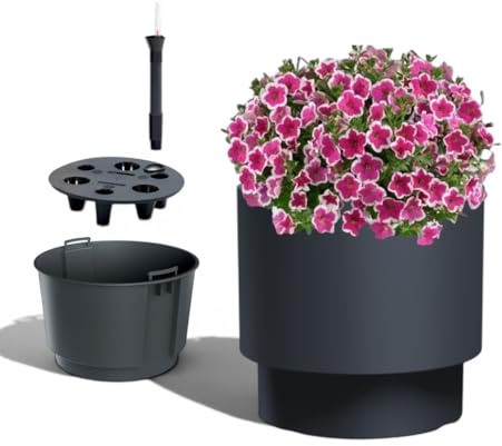 MELTOM Pflanzkübel mit Bewässerungssystem Ø 39,5 x H 36,5 cm Anthrazit | 40 L Gefäß · 20 L Innentopf · Bewässerungssystem mit Wasserspeicher & Wasserstandsanzeiger · Innen/Außen