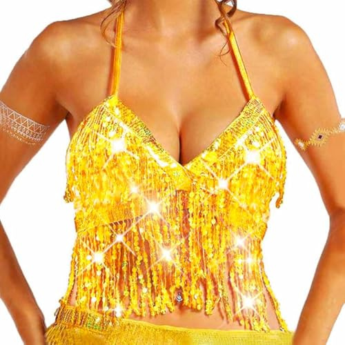 Evlry Pailletten-Neckholder-Top Mit Goldener Quaste - Glitzerndes Bra-Top, Bauchfrei für Rave-Partys und Clubs - für Frauen und Mädchen