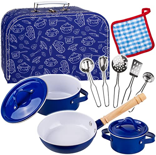alles-meine.de GmbH 12 TLG. Set Kinder - Koffer Kochset & Topfset Puppengeschirr/Kochtopfset - Antihaft - aus Metall/echte Edelstahl Blech Töpfe/Panne + Küchenhelfer ..