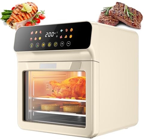 Four à friteuse à air 1700 W, four grille-pain 12 L avec minuterie et contrôle de la température, mini four électrique avec fenêtre visible, technologie de circulation d'air chaud à 360° Off-white